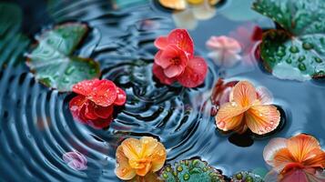Vibrant flowers floating on water surface with ripples, showcasing nature's beauty in a serene setting photo