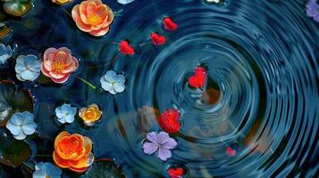 Vibrant flowers floating on tranquil water creating ripples, surrounded by a serene natural setting photo