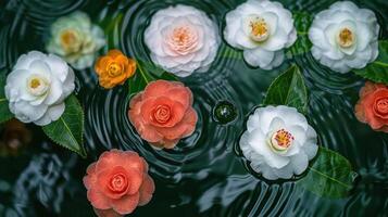 Colorful camellia flowers floating on a serene pond, creating a tranquil and picturesque scene photo