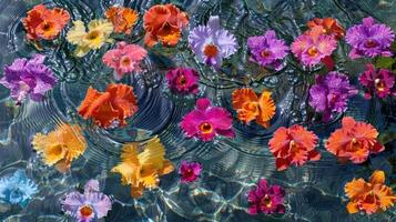 Vibrant assortment of floating flowers in a serene water setting, creating a tranquil scene photo
