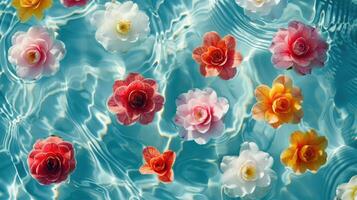 Colorful flowers floating on clear water, creating a serene atmosphere with gentle ripples photo