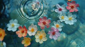 Colorful flowers floating on water surface, creating ripples, with serene blue background photo