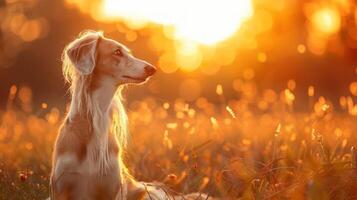 A serene dog sitting in a sunlit field during golden hour, surrounded by soft grass and warm light photo