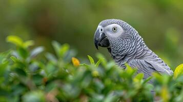 Grey parrot perched among lush greenery, showcasing vibrant feathers in a natural setting photo