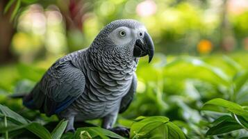 A vibrant gray parrot perched among lush green foliage in a serene garden setting photo