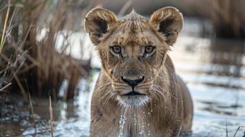 Majestic lioness emerging from water in serene natural habitat, surrounded by tall grass photo