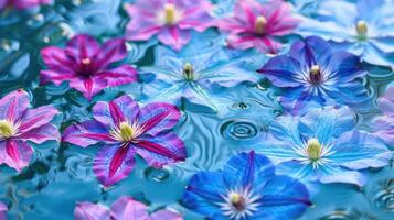 Vibrant flowers floating on serene water surface, creating a colorful natural scene photo