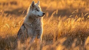Majestic dog sitting in golden grassland during sunset, with soft sunlight illuminating surroundings photo