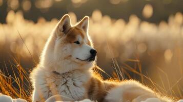 A serene Akita dog resting in a sunlit field, surrounded by soft grasses and glowing background photo