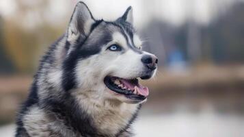 Beautiful Siberian Husky with striking blue eyes gazing thoughtfully near a serene lake photo