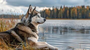 A serene husky resting by a tranquil lake surrounded by autumn foliage and clouds photo