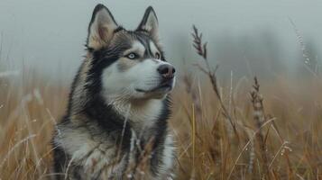 Majestic Siberian Husky gazing thoughtfully amidst foggy grassland in serene nature scene photo