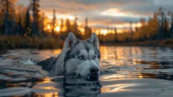 A Siberian Husky swimming in a serene lake at sunset, surrounded by autumn foliage and trees photo