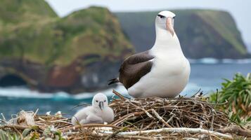 Albatross and chick nesting on coastal cliffs with ocean waves in the background photo