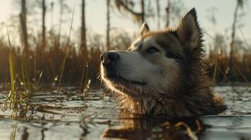 A serene husky swimming in a tranquil wetland at sunset, surrounded by tall grasses and trees photo