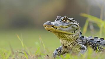 Close-up of a young crocodile resting on green grass in a natural setting, surrounded by soft foliage photo