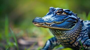 Close-up of a vibrant alligator resting on grass in a lush environment, showcasing intricate textures photo