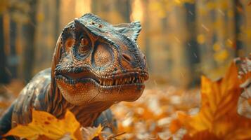 Realistic dinosaur in a vibrant autumn forest surrounded by colorful fallen leaves photo