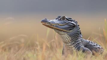 Close-up of an alligator in a natural habitat, surrounded by tall grass under soft light photo