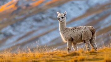A serene alpaca standing in a golden meadow at sunset, with mountains in the background photo