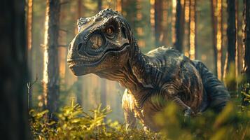 Lifelike dinosaur in a serene forest, surrounded by lush greenery and soft sunlight filtering through trees photo