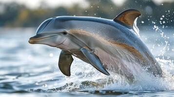 Playful dolphin leaping from the water in a serene natural setting during sunset photo