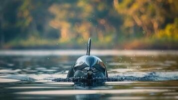 A serene moment of a dolphin swimming gracefully in calm waters, surrounded by lush greenery photo