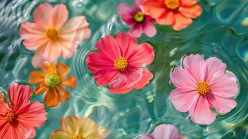 Vibrant, colorful flowers floating on a serene water surface, creating a tranquil and picturesque scene photo