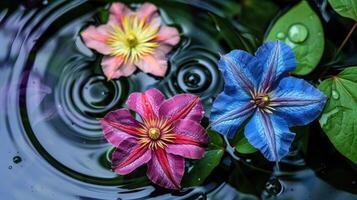 Vibrant flowers floating on water surface, creating ripples, surrounded by lush green leaves photo