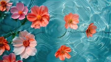 Vibrant flowers floating serenely on a turquoise water surface, creating a tranquil scene photo