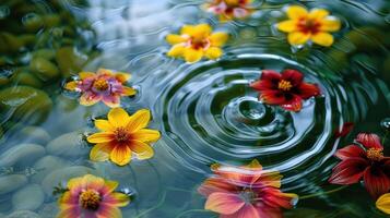 Vibrant flowers floating on a serene water surface with ripples, surrounded by smooth stones photo