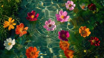 Vibrant flowers floating on water surface, creating ripples, surrounded by lush greenery photo