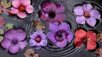 Vibrant purple and pink flowers floating on dark water with ripples, creating a serene atmosphere photo