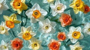 Vibrant daffodils floating gracefully on a serene turquoise water surface, creating a tranquil atmosphere photo
