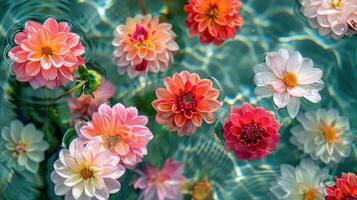 A vibrant scene of colorful flowers floating serenely on the water's surface, creating tranquility photo