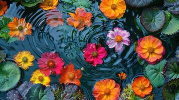 Vibrant flowers floating on water surface, creating a colorful nature scene with ripples photo