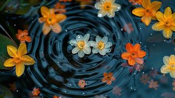 Vibrant flowers floating on tranquil water surface, surrounded by ripples and droplets in nature photo
