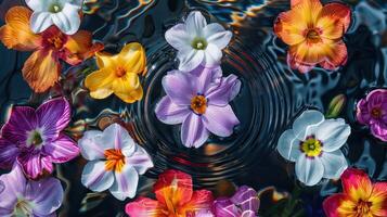 Vibrant floral arrangement floating on water surface, creating ripples with colorful blooms photo