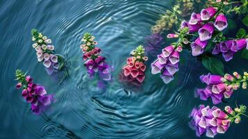 Vibrant foxglove flowers floating on calm water, creating ripples, with lush greenery in the background photo
