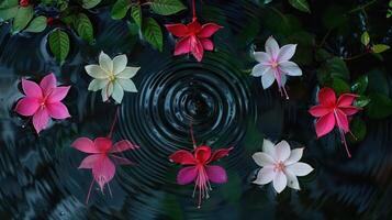 Colorful flowers floating on water surface creating ripples, surrounded by green leaves in a serene setting photo
