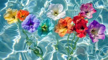 Colorful flowers floating serenely on the water surface, creating a vibrant and tranquil scene photo