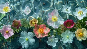 Vibrant assortment of colorful flowers floating on a serene water surface, with gentle ripples photo