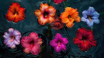 Vibrant collection of blooming flowers floating on a tranquil water surface, surrounded by ripples photo