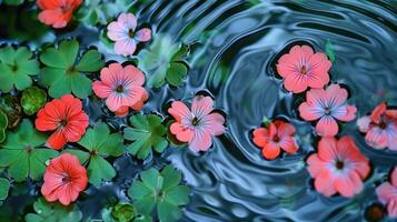 Vibrant red and pink flowers floating on tranquil water with lush green leaves surrounding them photo