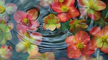 Vibrant water lilies and blossoms floating on a tranquil pond, ripples creating a serene atmosphere photo
