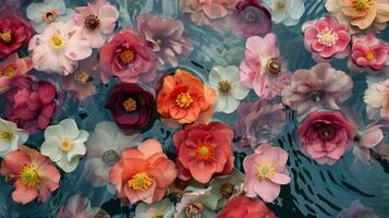 A vibrant display of colorful flowers floating serenely on a tranquil water surface photo