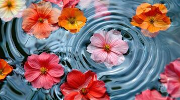 Colorful flowers floating on water surface, creating ripples, in a serene natural setting photo