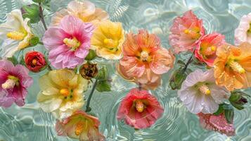 Vibrant assortment of colorful flowers floating on water, creating a serene and refreshing atmosphere photo
