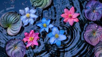 Vibrant water lilies in a serene pond, showcasing colorful blooms with raindrops, evoking tranquility photo