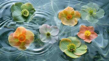 Colorful flowers floating on water surface, creating a serene atmosphere with gentle ripples photo